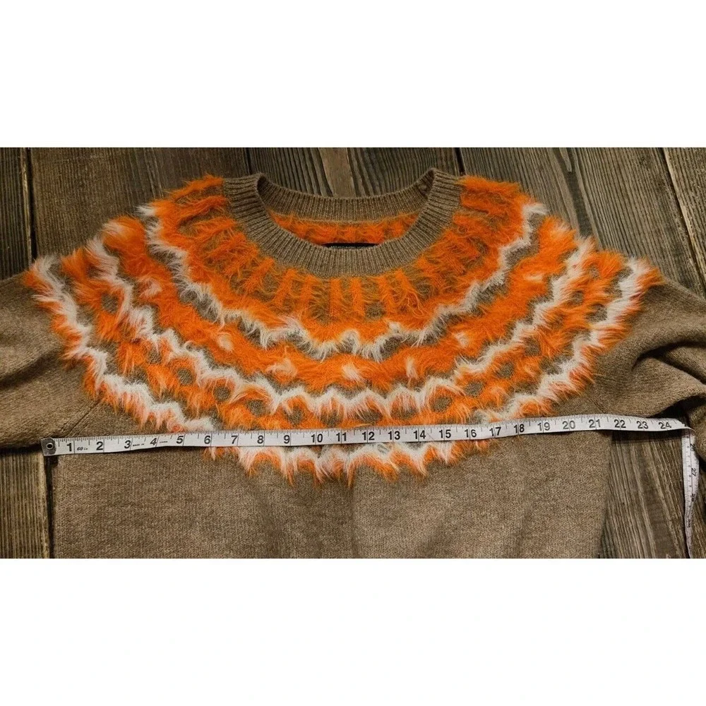Andrew Marc Sweater XL Tan Orange‎ Fair Isle Eyelash Fringe Fuzzy Artsy Retro